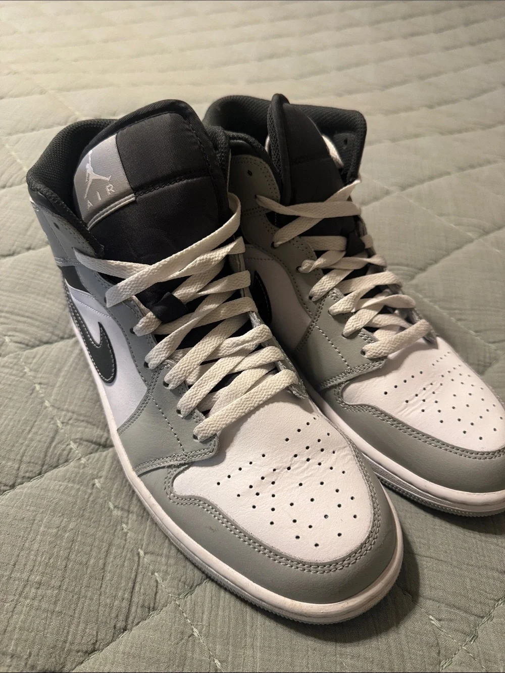 Jordan 1 Mid in White, Light Gray, and Black